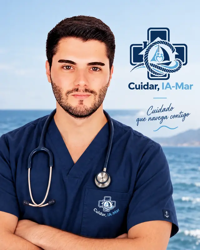 Paco Ortega con uniforme azul de Cuidar, IA-Mar junto al mar
